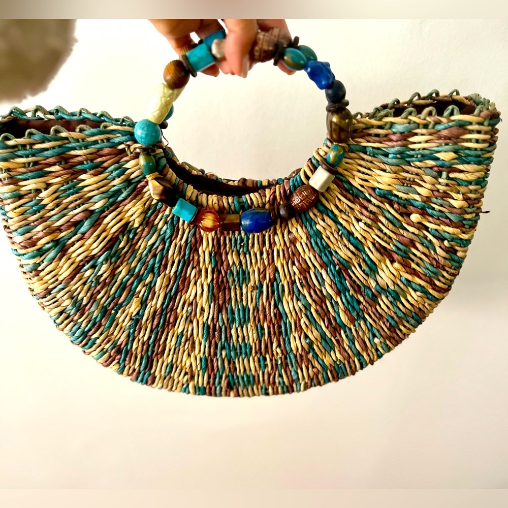 SUN ‘N SAND Woven Straw Tote Hand Bag Semi Circle Blue Tan Brown